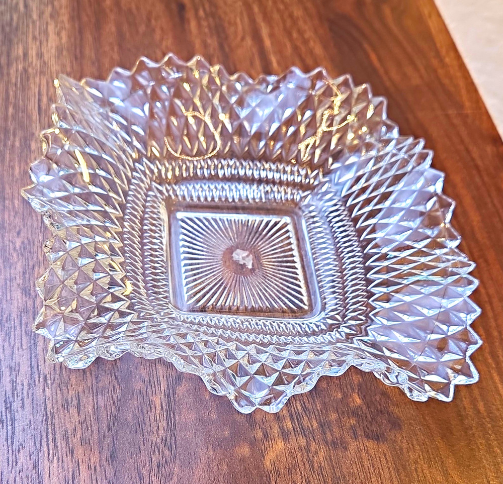 Clear Pressed Glass Square Bowl, Diamond Cut Pattern, Decorative